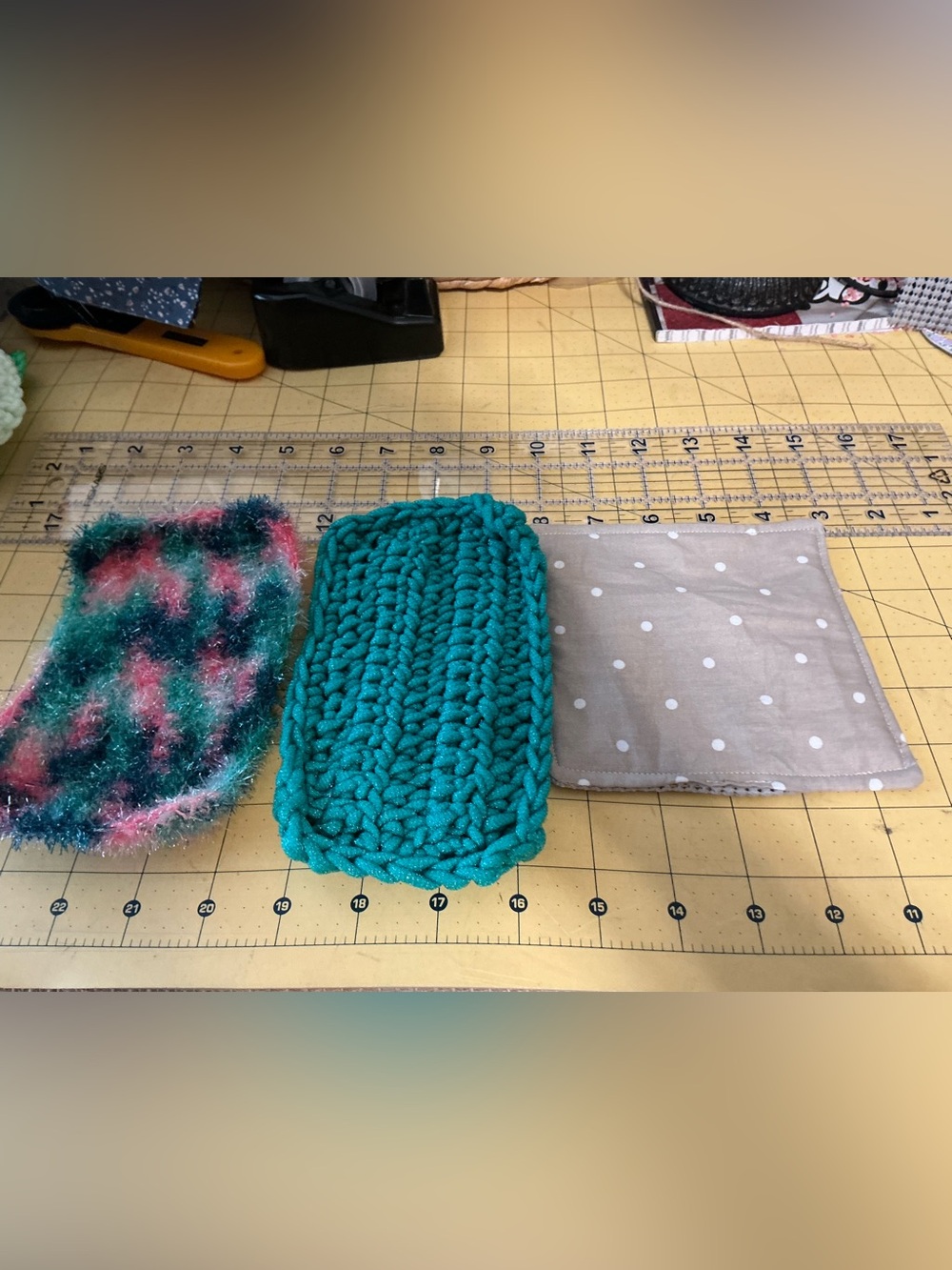 2 Handmade crochet dish scrubbies and 1 sewn jar opener!